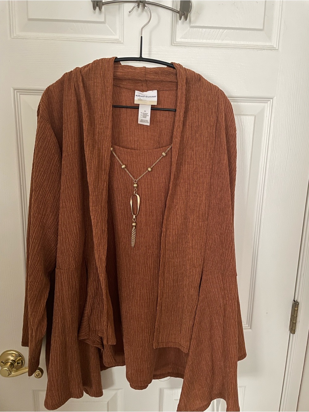 Alfred Dunner Burnt Orange Open-Front Textured Cardigan with Necklace Detail